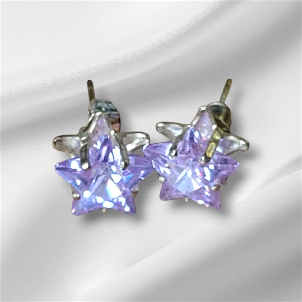 LAVENDER PURPLE STAR STUD EARRINGS AND ROUND CUT CRYSTAL STUD EARRINGS SET - Picture 3 of 7